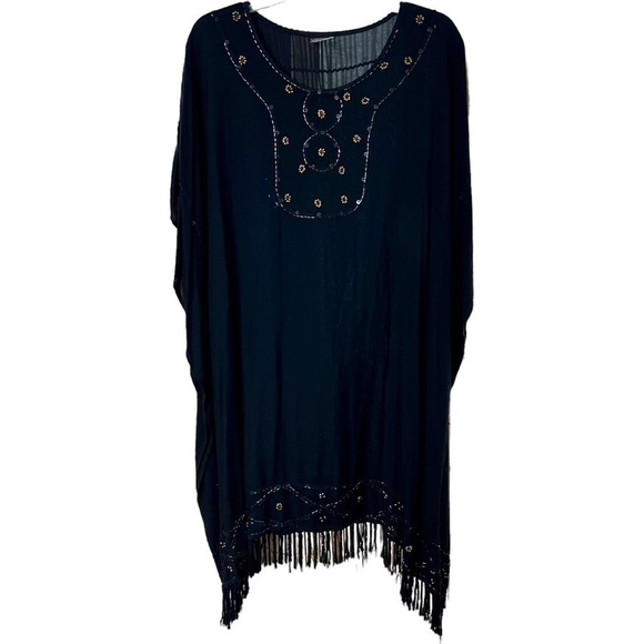 Meetu Magic Boho Kimono Black Beaded Fringe Tassel Hem Arm Holes Cover Up 1XL - Picture 2 of 11